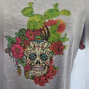 Montana West American Bling Sugar Skull/Cactus Tee.  Size XXL. Short Sleeve Gray